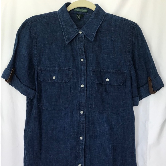 Ralph Lauren Linen Indigo Blue Shirt Short Sleeve - Picture 5 of 8